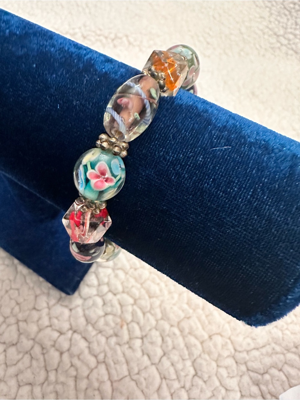 Vintage Colorful Handcrafted Floral Lampwork Glass Bead Stretch Bracelet
